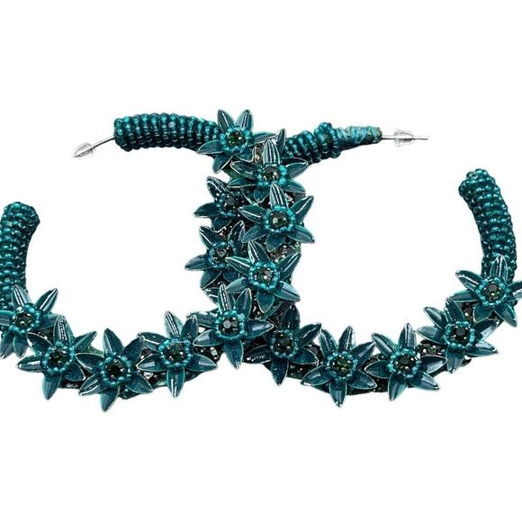 Deepa Gurnani Signed Handmade Green Beaded Floral Hoop Earrings Leather Back USA - Picture 2 of 8